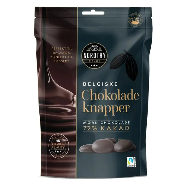 Belgiske Mjölkchokladknappar 72 % kakao 250g Nordthy - Butikkom